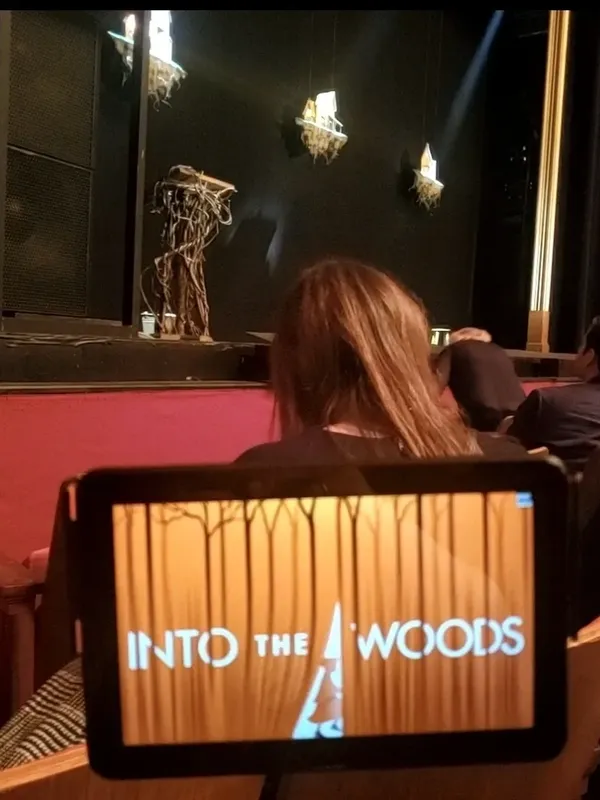 An Access Broadway NY Tablet on a stand is positioned in front of
            the stage of Into the Woods, the playbill logo is present on the tablet, this
            is Access Broadway’s Act 1 Access software.